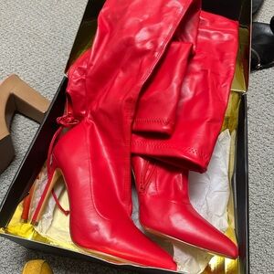 Frederick's of Hollywood Vibrant Red Heidi Over the Knee Boots